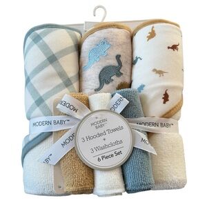 Modern Baby Dinosaur Hooded Towels and Washcloth Set New 6pc baby shower gift